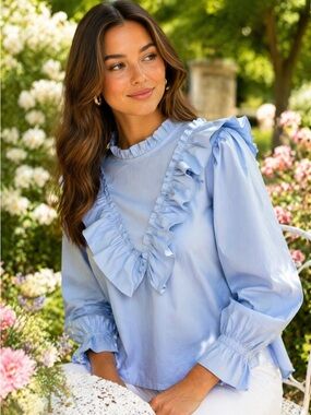 Forever 21 Blue Ruffle Blouse Puff Sleeve Cottagecore Romantic Top L NWT